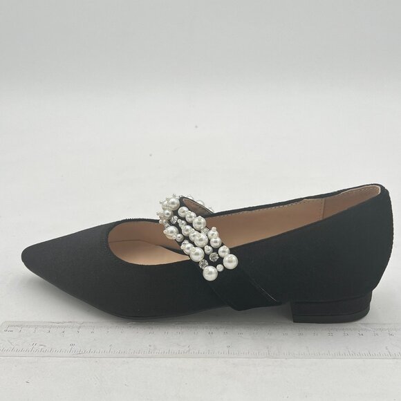 XYD Black Pointed Toe Velvet Pearl Strap Beaded Mary Janes Dress Shoes - Picture 2 of 8
